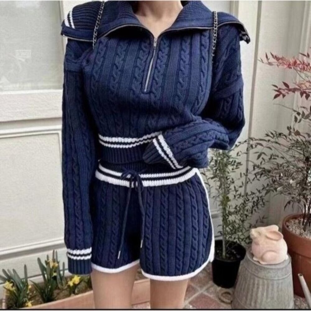 Women Outfit Two Piece Set Crop Sweater-Shorts Knit Blue Size M Sailor Neck - Picture 13 of 16